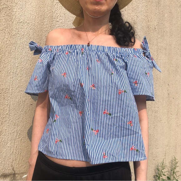 Blue Striped Off-shoulder Blouse Tee - Picture 9 of 13